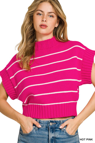 Alana Striped Crop Mock Neck Sweater • Hot Pink