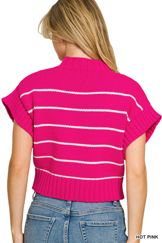 Alana Striped Crop Mock Neck Sweater • Hot Pink