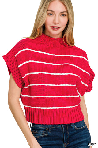 Alana Striped Crop Mock Neck Sweater • Ruby