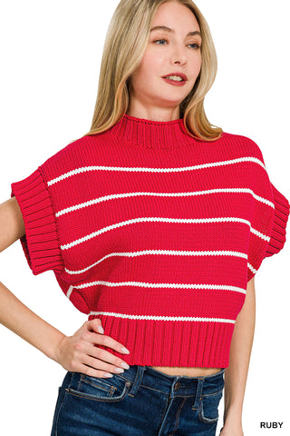 Alana Striped Crop Mock Neck Sweater • Ruby