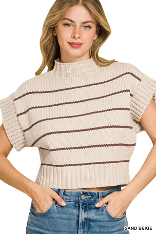 Alana Striped Crop Mock Neck Sweater • Sand Beige