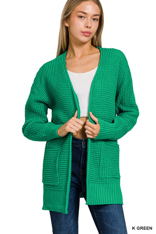 Maxine Waffle Open Cardigan Sweater • Kelly Green