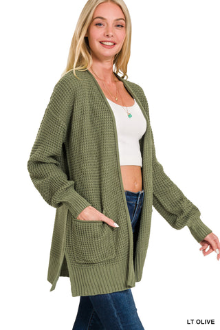 Maxine Waffle Open Cardigan Sweater • Light Olive