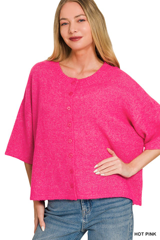 Lyric Wool Blend Half Sleeve Cardigan • Hot Pink