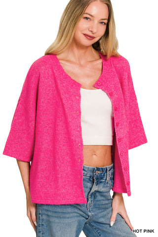 Lyric Wool Blend Half Sleeve Cardigan • Hot Pink