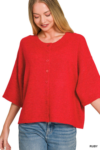 Lyric Wool Blend Half Sleeve Cardigan • Ruby