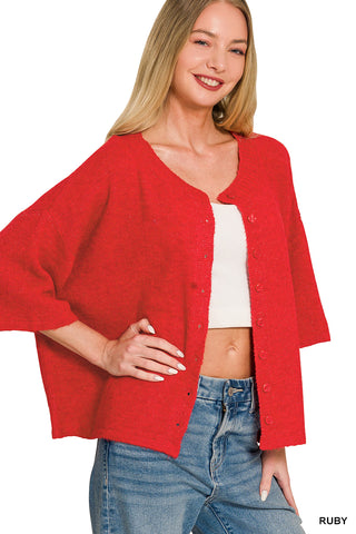Lyric Wool Blend Half Sleeve Cardigan • Ruby