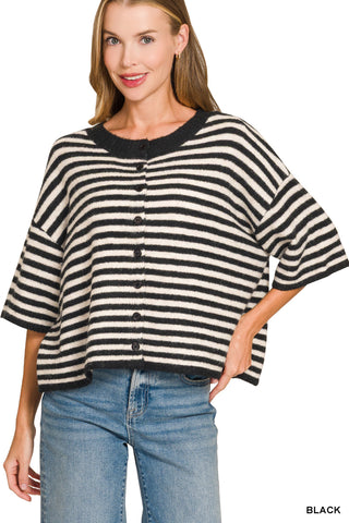Lana Striped Wool Blend Half Sleeve Cardigan • Black