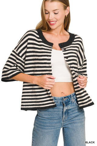 Lana Striped Wool Blend Half Sleeve Cardigan • Black