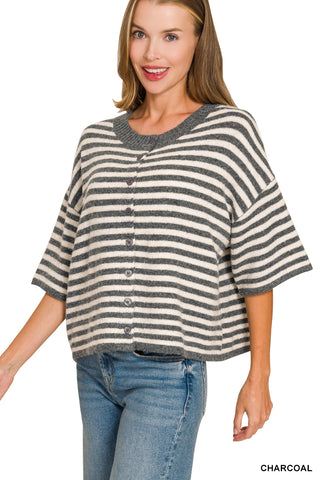 Lana Striped Wool Blend Half Sleeve Cardigan • Charcoal