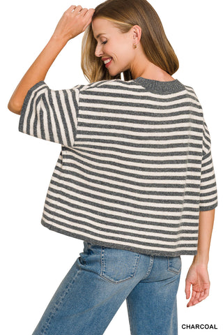 Lana Striped Wool Blend Half Sleeve Cardigan • Charcoal
