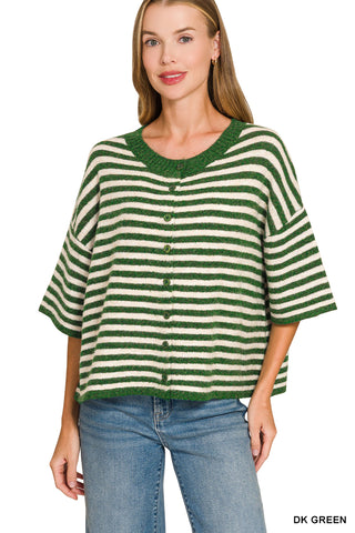 Lana Striped Wool Blend Half Sleeve Cardigan • Dark Green