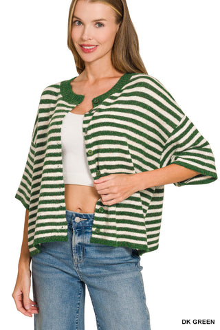 Lana Striped Wool Blend Half Sleeve Cardigan • Dark Green