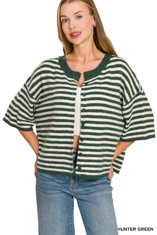 Lana Striped Wool Blend Half Sleeve Cardigan • Hunter