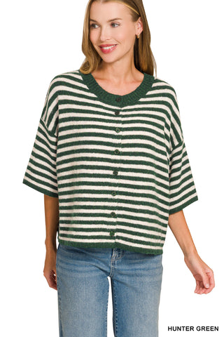 Lana Striped Wool Blend Half Sleeve Cardigan • Hunter