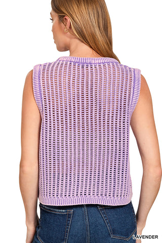 Blair Acid Wash Fishnet Sweater Vest • Lavender
