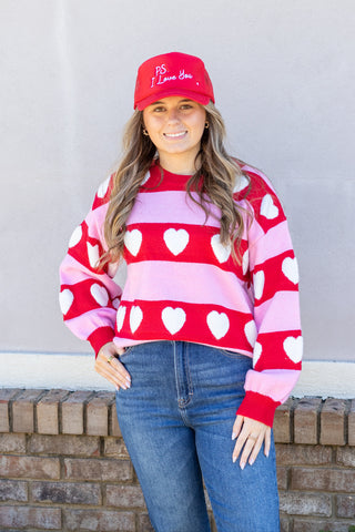 Vienna Heart Striped Sweater Top • Red & Pink
