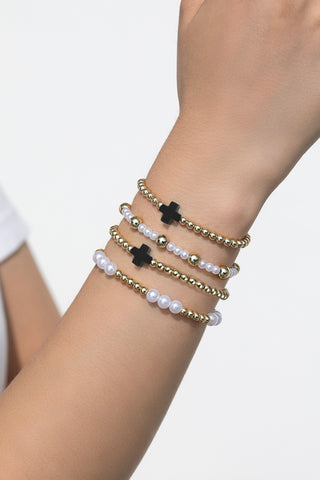 Pearl & Cross Beaded Stretch Bracelet • Black