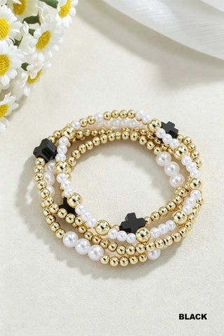 Pearl & Cross Beaded Stretch Bracelet • Black