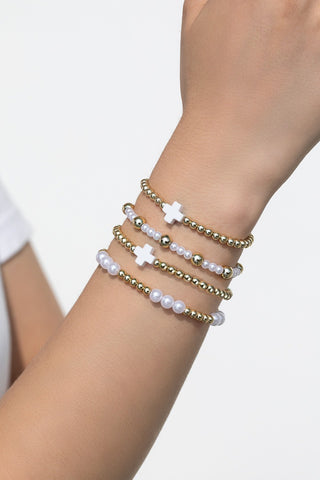 Pearl & Cross Beaded Stretch Bracelet • Ivory