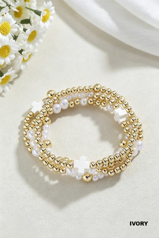 Pearl & Cross Beaded Stretch Bracelet • Ivory