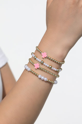 Pearl & Cross Beaded Stretch Bracelet • Pink