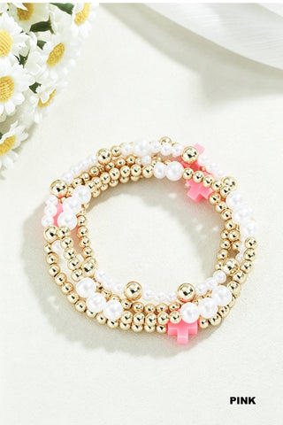 Pearl & Cross Beaded Stretch Bracelet • Pink