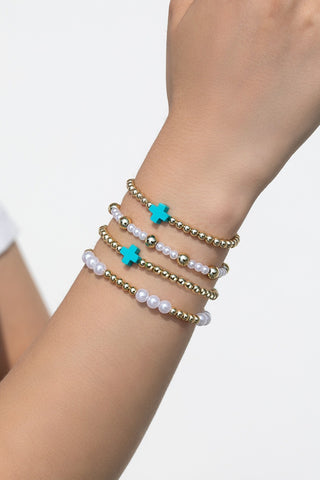 Pearl & Cross Beaded Stretch Bracelet • Turquoise