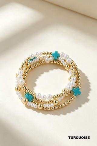 Pearl & Cross Beaded Stretch Bracelet • Turquoise