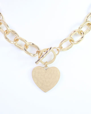 Emi Hammered Heart Charm Toggle Necklace • Worn Gold