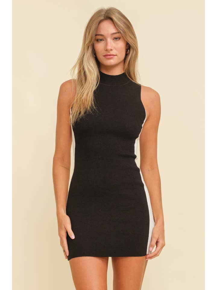 Bodycam Fitted Mini Mock Neck Dress • Black/White