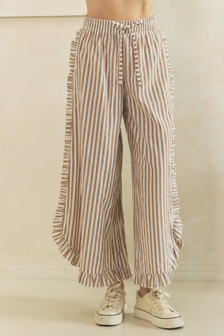 Breezy Stripe Linen Ruffle Pants • Mocha Ivory