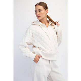 Riley Quilted Quarter Zip Hoodie Jacket • Bone
