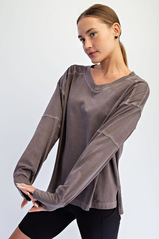 Yuri Pigment Washed Cotton V-Neck Top • Mocha