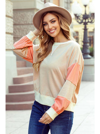 Toasted Talks Patchwork Pullover Sweatshirt • Tan + Peach