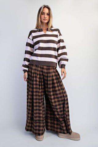 Audrey Front Slit Crew Neck Stripe Sweater • Chocolate & Pink