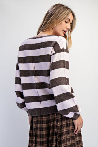 Audrey Front Slit Crew Neck Stripe Sweater • Chocolate & Pink