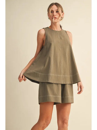Simple Me Stitch Sleeveless Top and Shorts Set • Olive