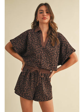 Leopard Cropped Short Sleeve and Shorts Set