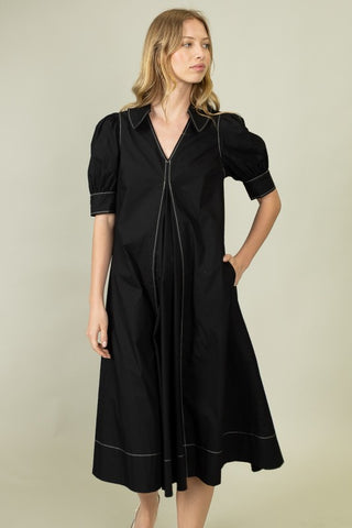 Puff Sleeve A-Line Midi Dress • Black