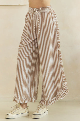 Breezy Stripe Linen Ruffle Pants • Mocha Ivory