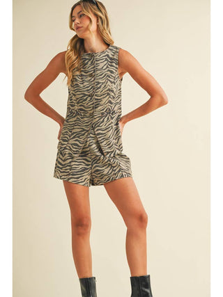 Zebra Print Denim Vest and Shorts Set • Sand