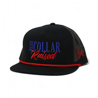 Blue Collar Raised Snapback Hat • Flat Bill Black & Red