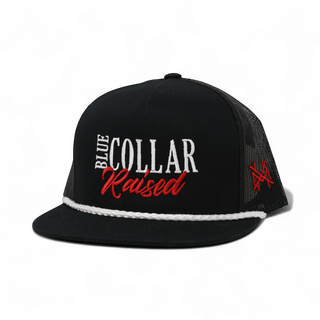 Blue Collar Raised Snapback Hat • Flat Bill Black & White