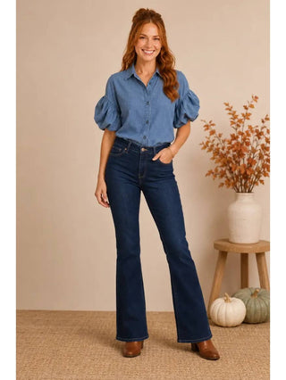 Teresa Puff Sleeve Button Down Shirt • Medium Wash