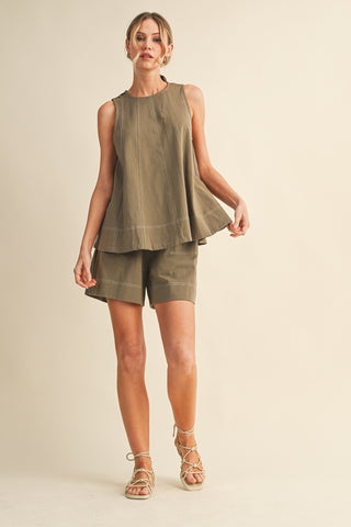 Simple Me Stitch Sleeveless Top and Shorts Set • Olive