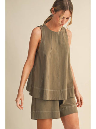 Simple Me Stitch Sleeveless Top and Shorts Set • Olive