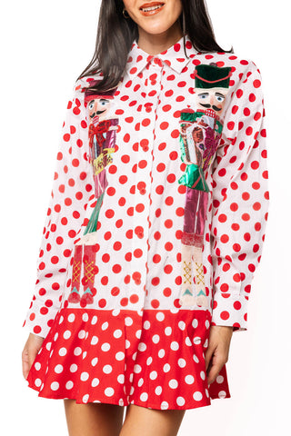 QOS Red & White Polka Dot Metallic Nutcracker Button Up Cotton Dress