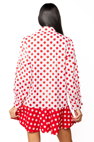 QOS Red & White Polka Dot Metallic Nutcracker Button Up Cotton Dress