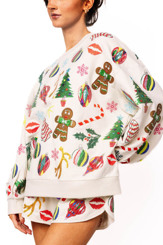 QOS Beige Multi Christmas Icons Sweatshirt